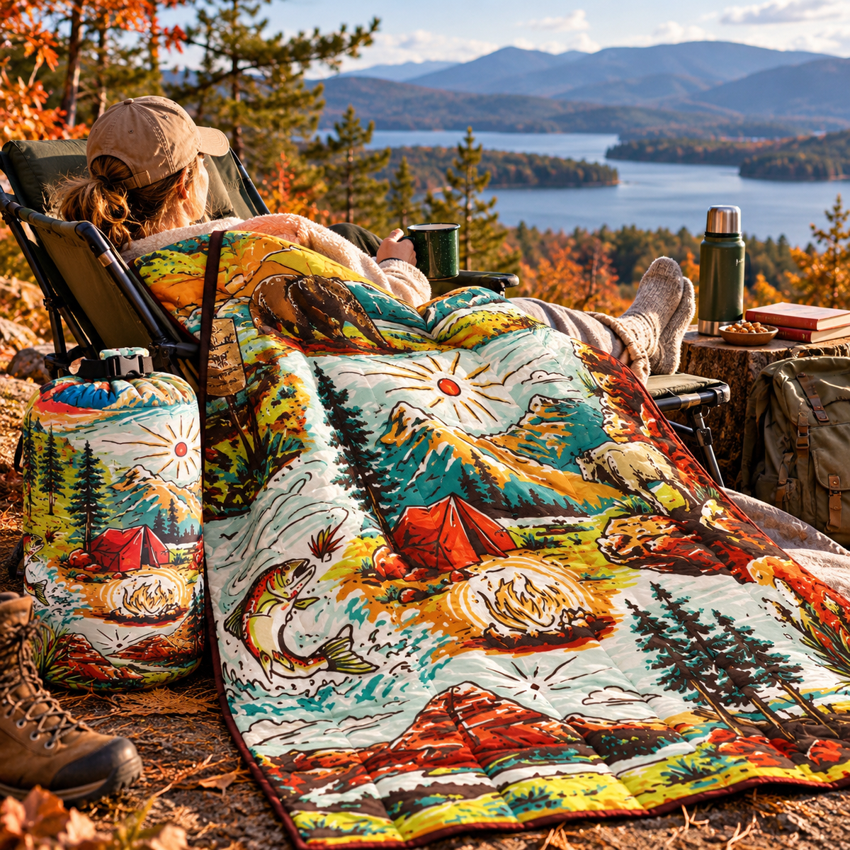 The Montana Scene National Forest outdoor picnic blanket draped over a woman relaxing in a camp chair overlooking a lake with fall foliage and mountain views — camping lifestyle shot"