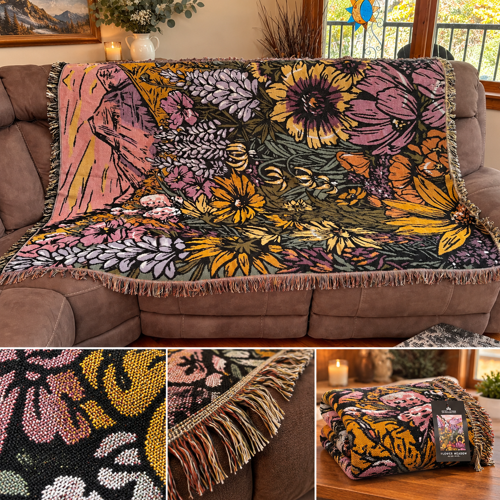 The Montana Scene Flower Meadow knit blanket displayed on a sofa with a collage of detail shots showing knit texture, fringe edge, and folded blanket with original packaging