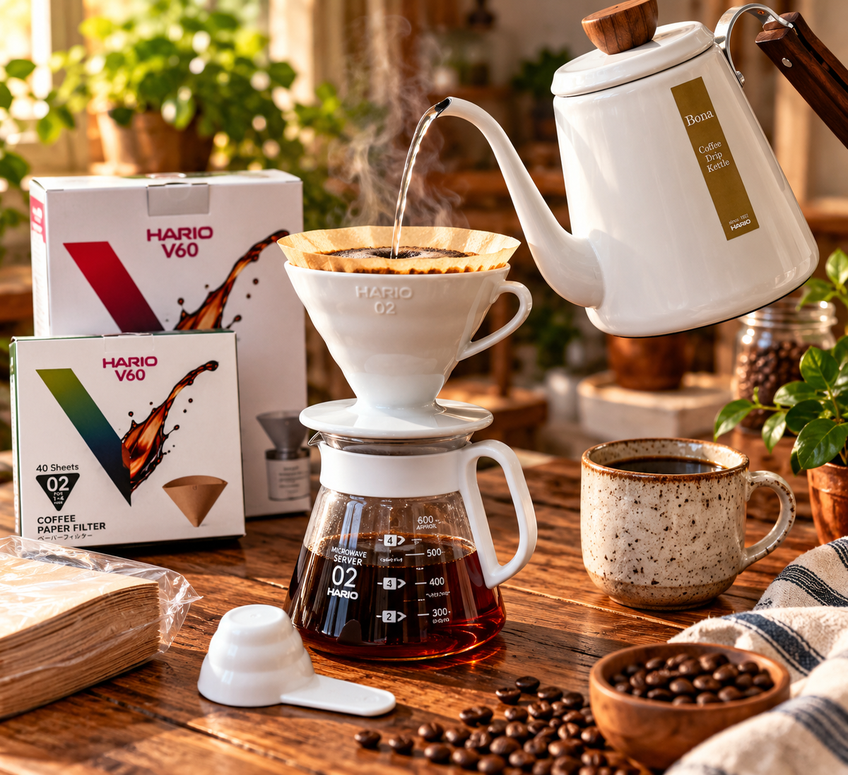 Hot water being poured from a white gooseneck kettle into a Hario V60 ceramic dripper as fresh coffee brews into a glass server, with filter box and coffee beans on a rustic wooden table
