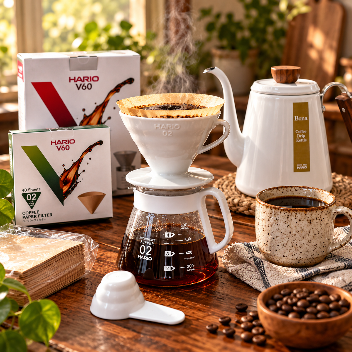 Hario V60 ceramic pour over coffee set brewing on a wooden table with a steaming glass server, speckled coffee mug, gooseneck kettle, and filter box in warm natural light