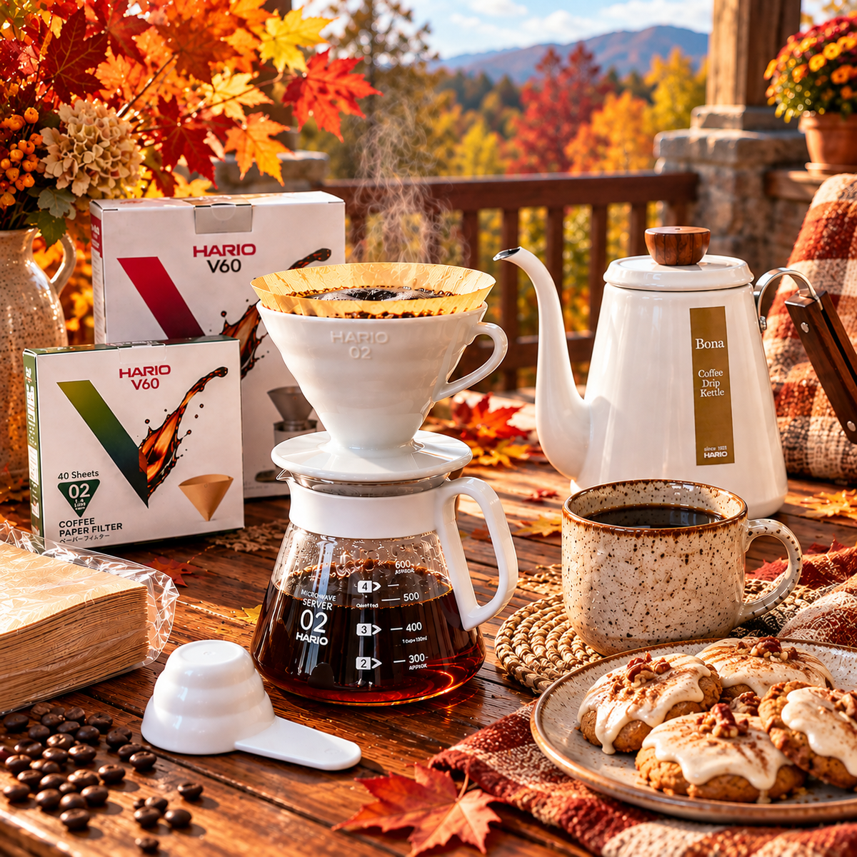 Hario V60 ceramic pour over coffee set on a fall porch surrounded by autumn leaves, a speckled mug, cinnamon rolls, and a white gooseneck kettle with mountain foliage in the background