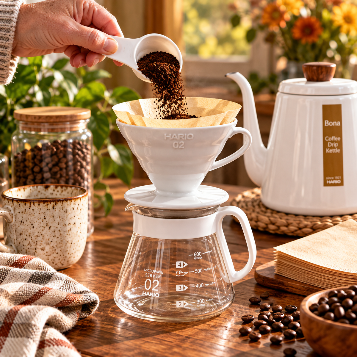 Hand spooning fresh coffee grounds into a Hario V60 white ceramic dripper set on a glass server, surrounded by coffee beans and a gooseneck kettle in a warm autumn kitchen