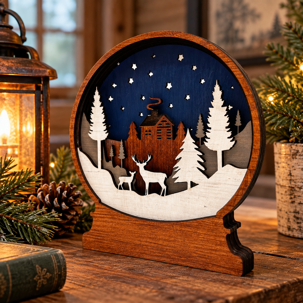 Winter Deer wooden snow globe displayed on a rustic table beside a glowing lantern, pinecones, and holiday greenery.