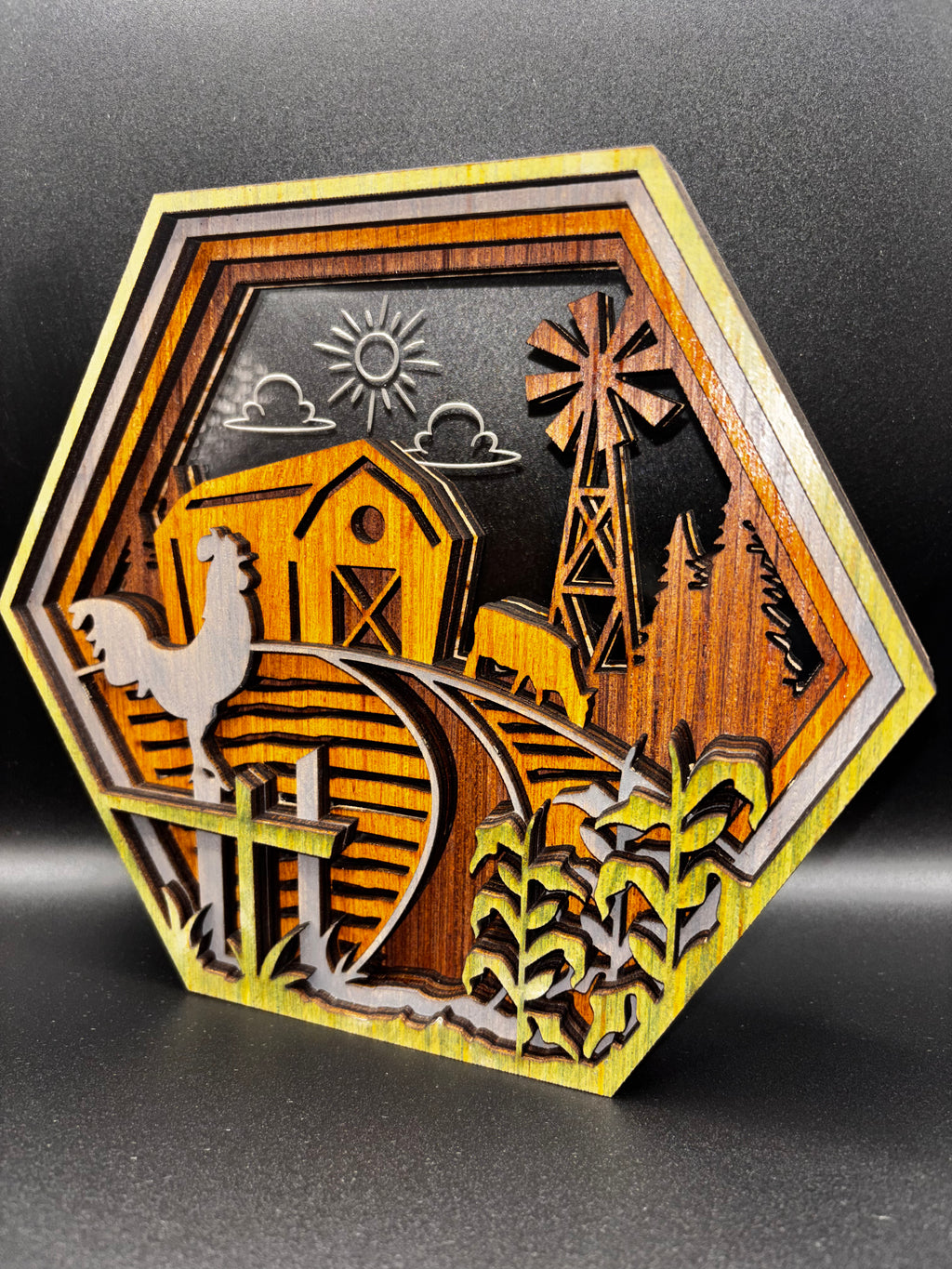 Opposite angled view of the wooden farm shelf sitter showing corn stalks, a winding path, cow, and etched acrylic sky.
