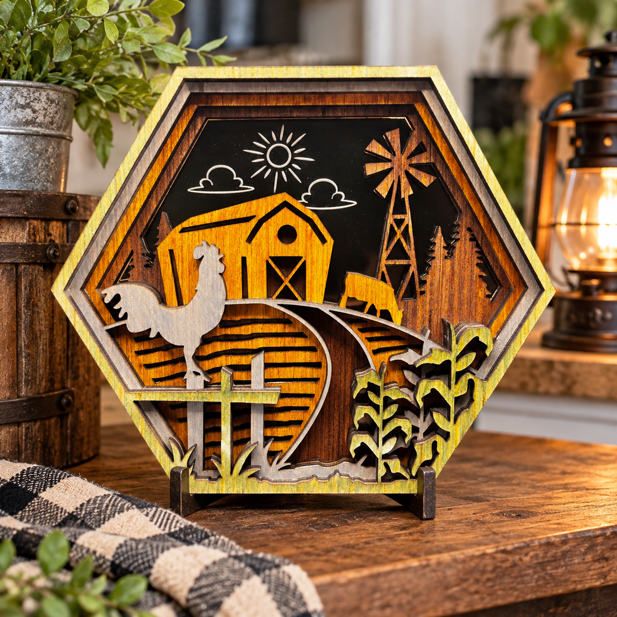 Farm Scene Hexagon displayed on a wooden stand on a rustic table beside greenery, a glowing lantern, and a checked cloth