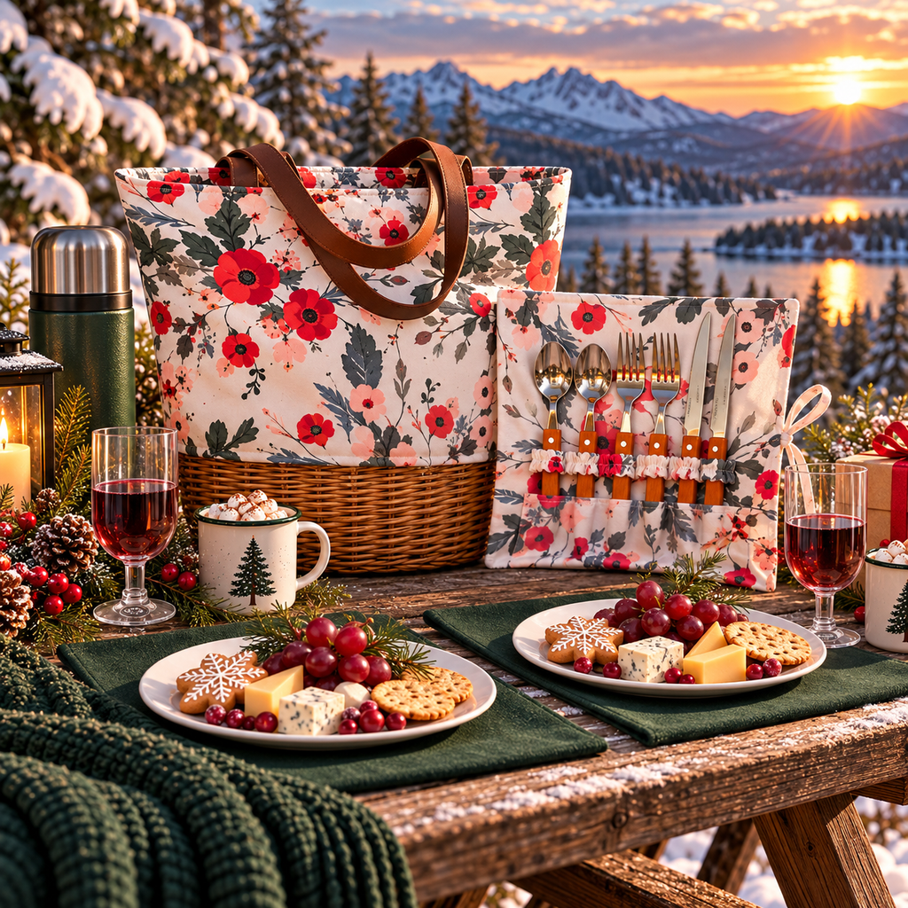 Floral picnic tote and matching cutlery holder styled for a winter picnic beside a snowy mountain lake.