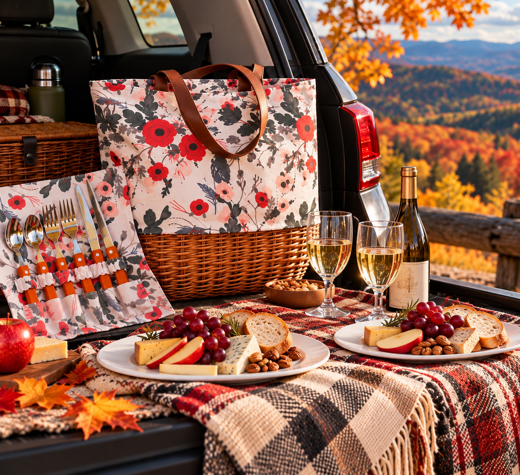 Floral picnic tote and open cutlery holder styled with food and wine at an autumn tailgate overlooking colorful