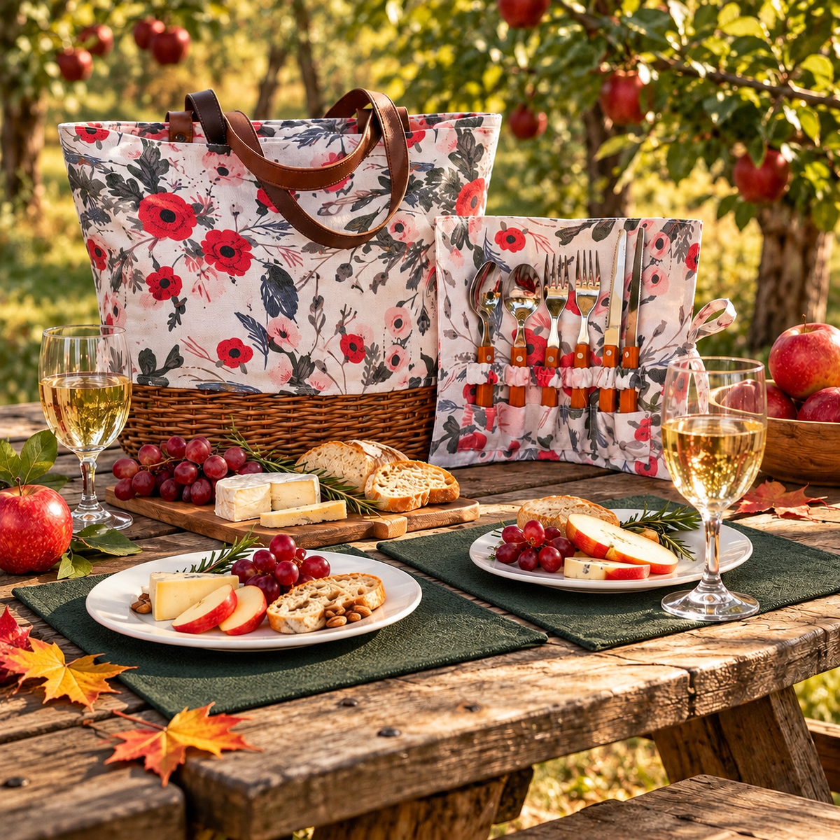 Floral Picnic Time Promenade tote and matching cutlery holder styled with a picnic for two on green placemats in an apple orchard.”