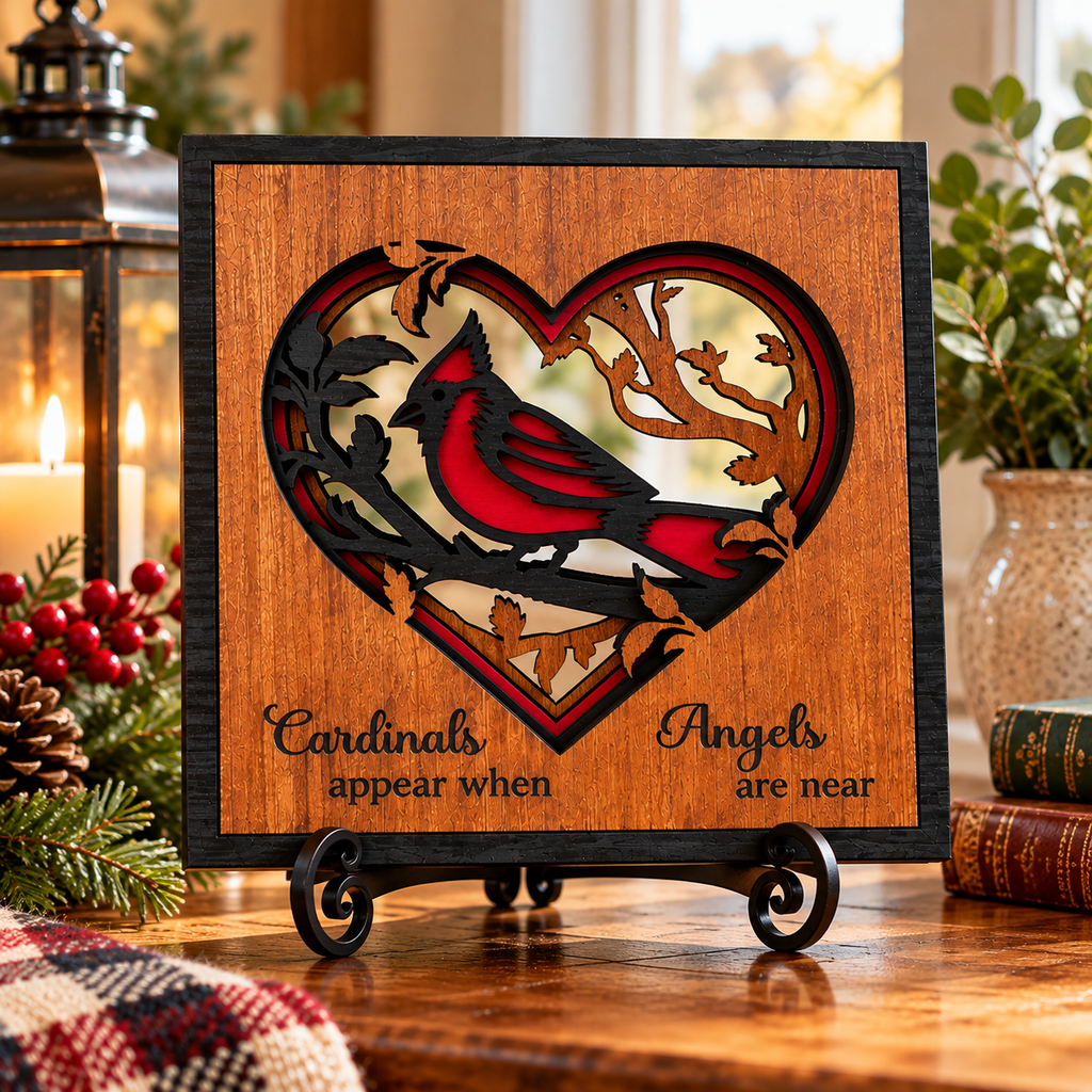 Cardinal heart wood artwork styled on a black display stand with candles, greenery and red berries.