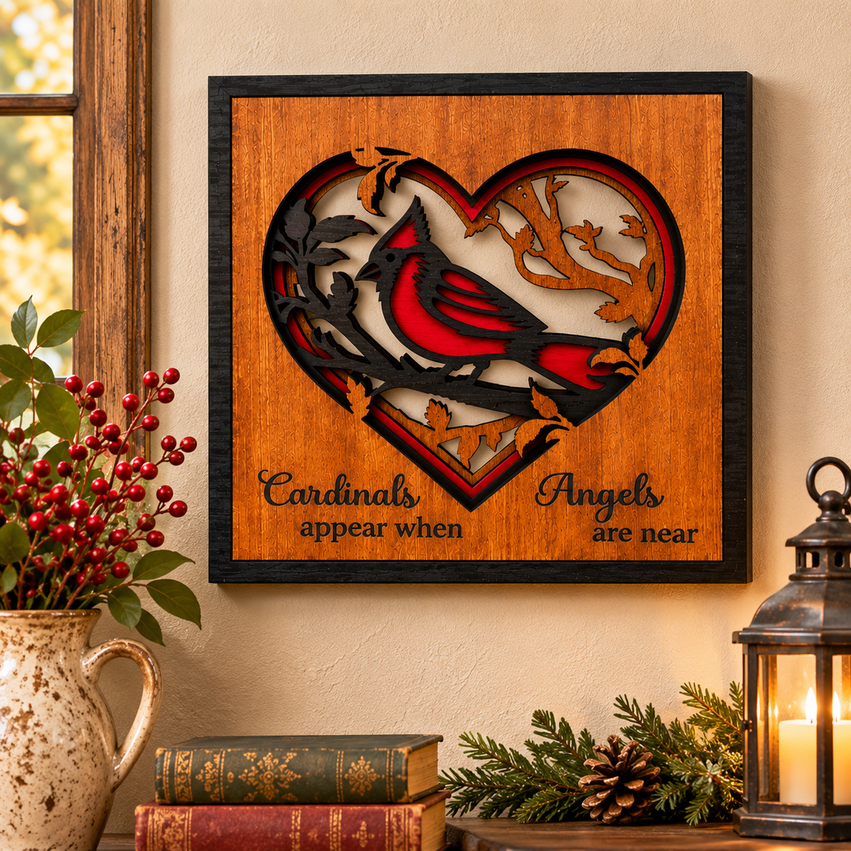 Cardinal heart wood plaque displayed on a wall above books and greenery beside a lantern and berry-filled pitcher