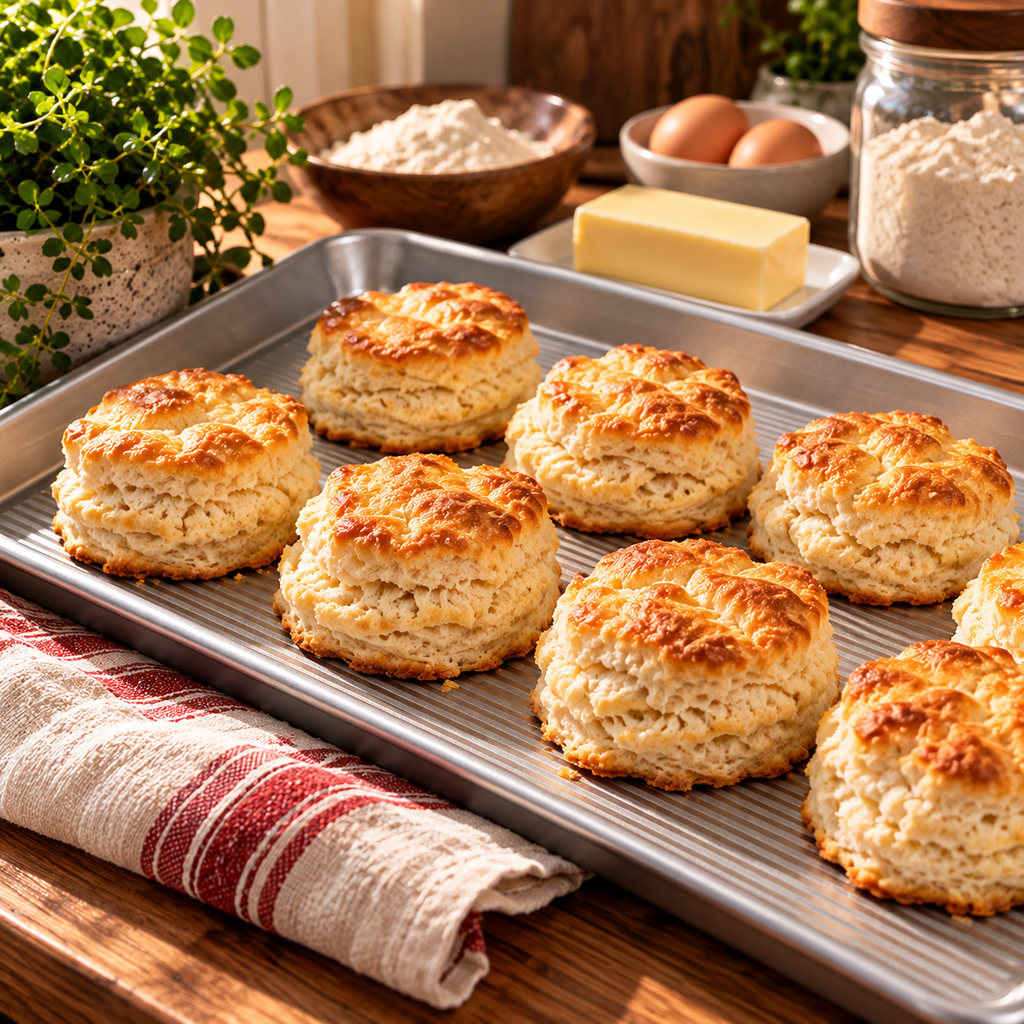 Golden biscuits styled on a corrugated rimmed sheet pan beside flour, eggs and butter.