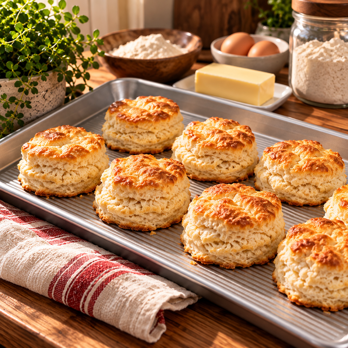 Golden biscuits styled on a corrugated rimmed sheet pan beside flour, eggs and butter.