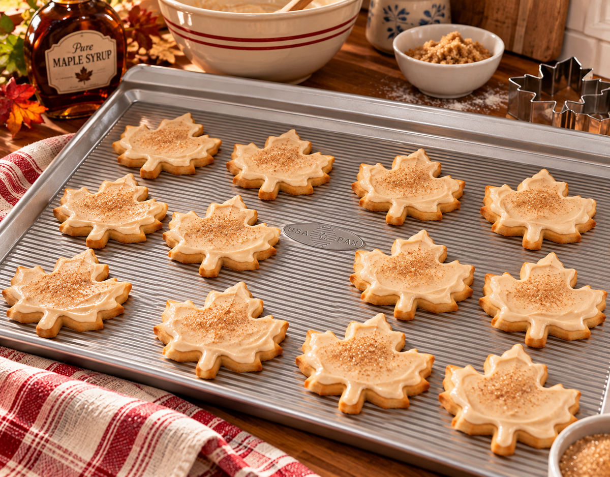 Maple-leaf cookies styled on a corrugated rimmed USA Pan sheet pan in an autumn baking scene.