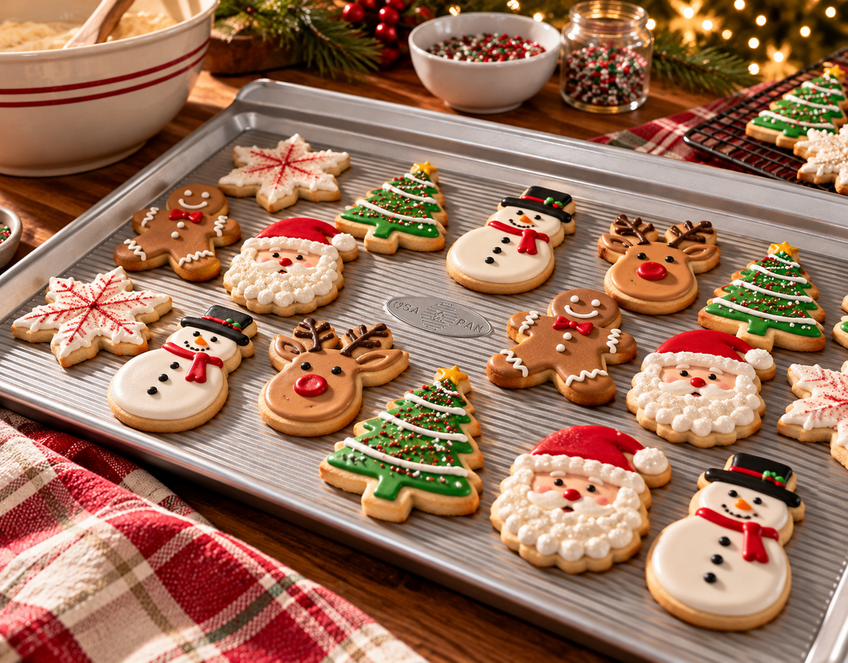 Decorated Christmas cookies styled on a corrugated rimmed USA Pan sheet pan beside holiday baking ingredients