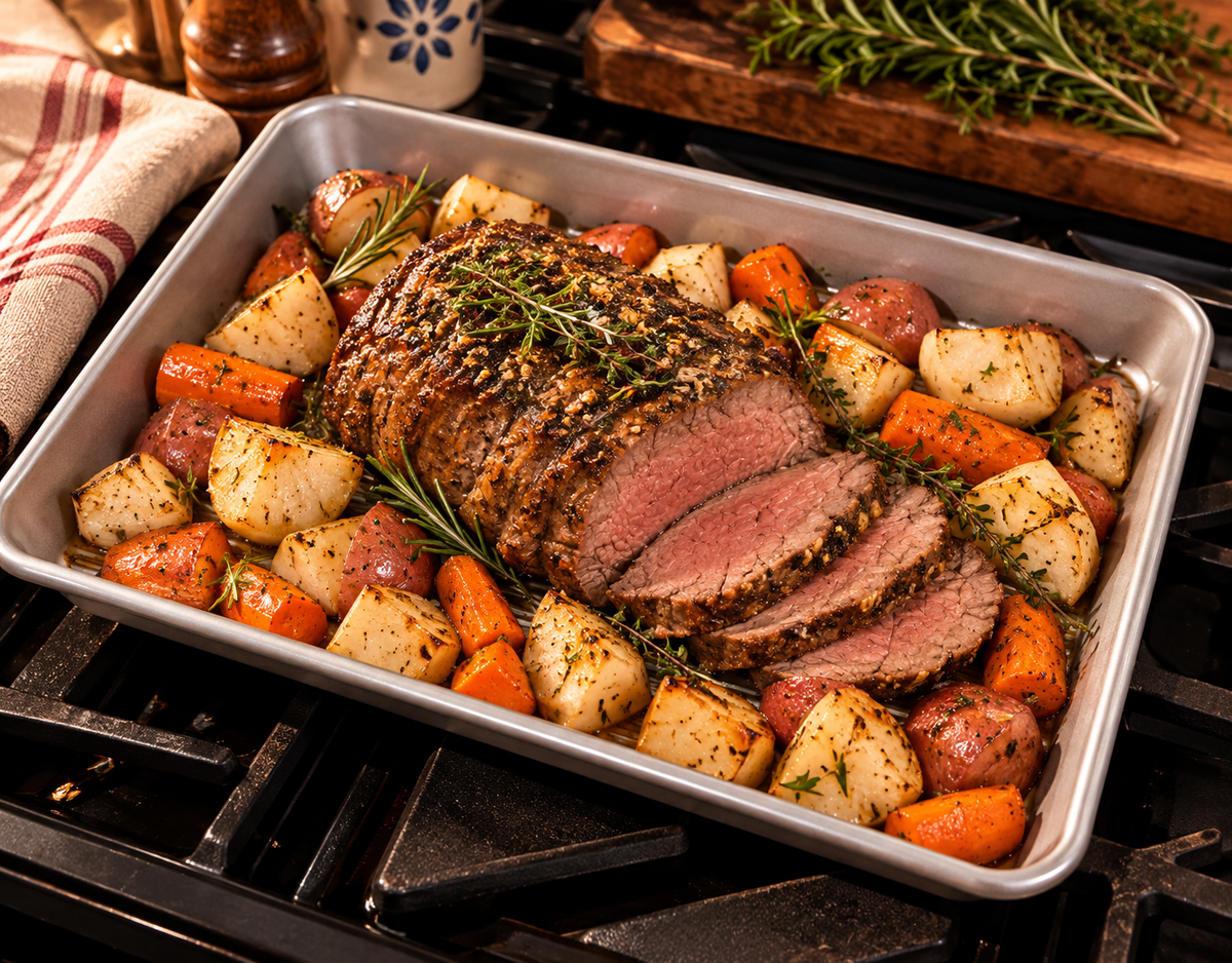 Sliced roast beef, potatoes and carrots styled in a rectangular rimmed pan with fresh herbs.