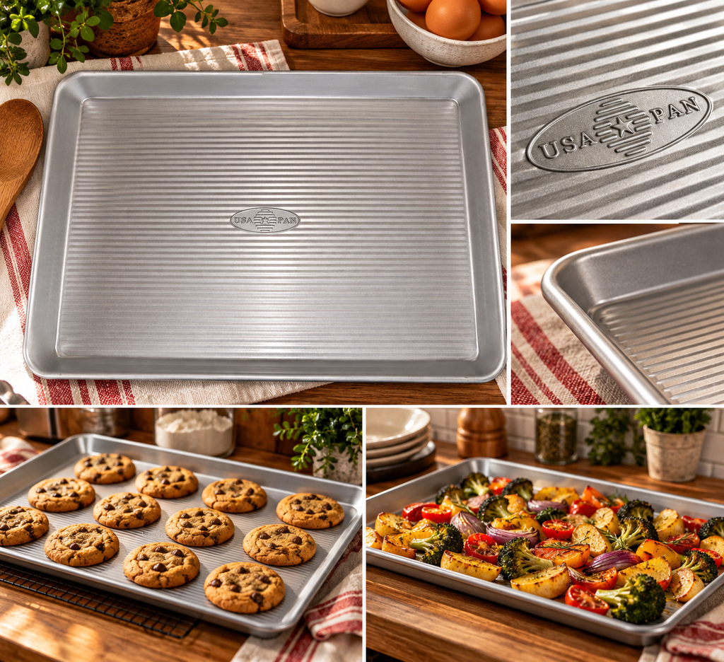 Collage showing a rimmed USA Pan sheet pan, embossed logo and rim details, chocolate chip cookies and roasted vegetables.