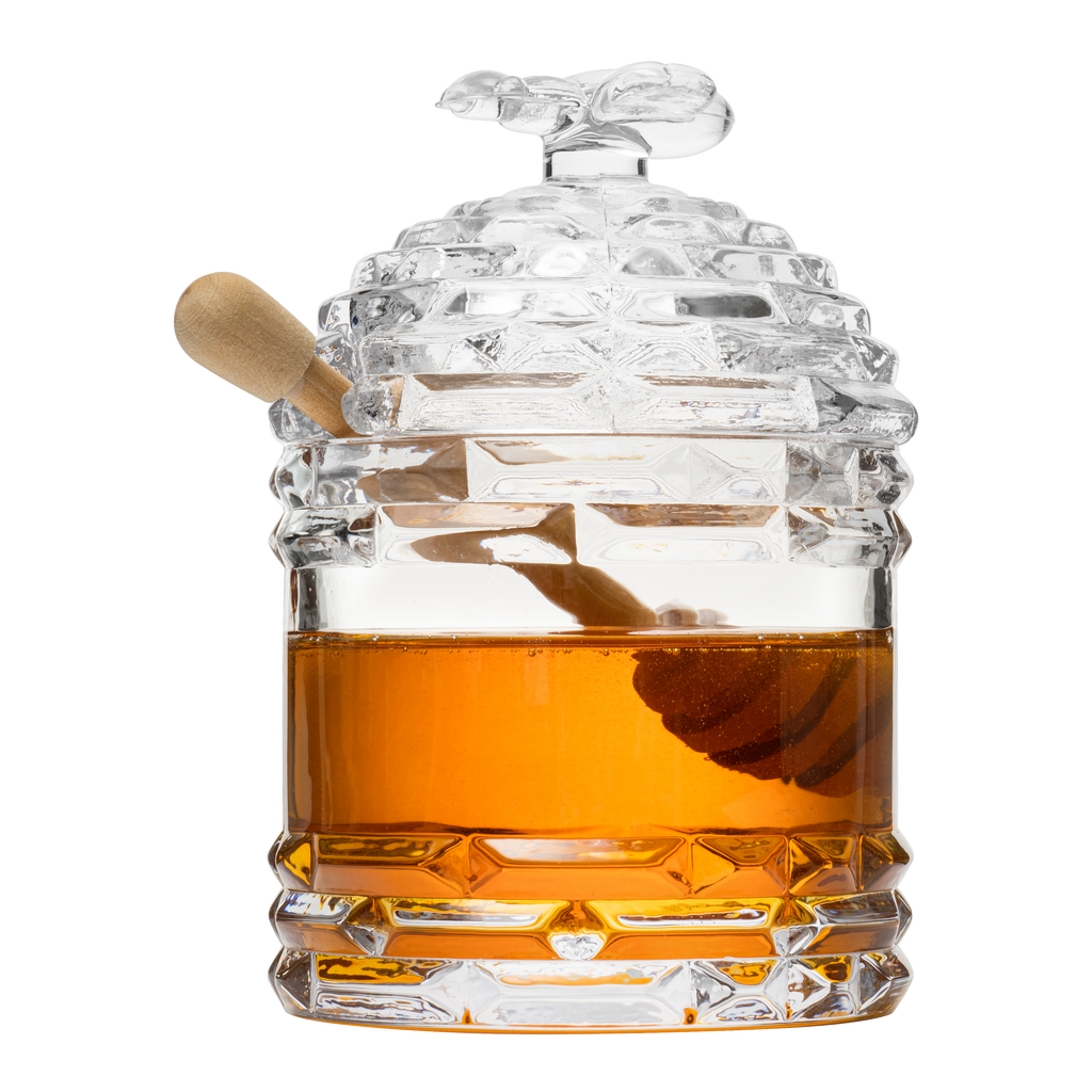 Crystal Bee Honey Dish Jar, Gift 6" - Glass Honey Pot with Dipper and Lid Cover for Home Kitchen Honey and Syrup, Gorgeous Bee Decor Beehive Honey Pot, Great for Jam, Honey, Jelly 14oz-0
