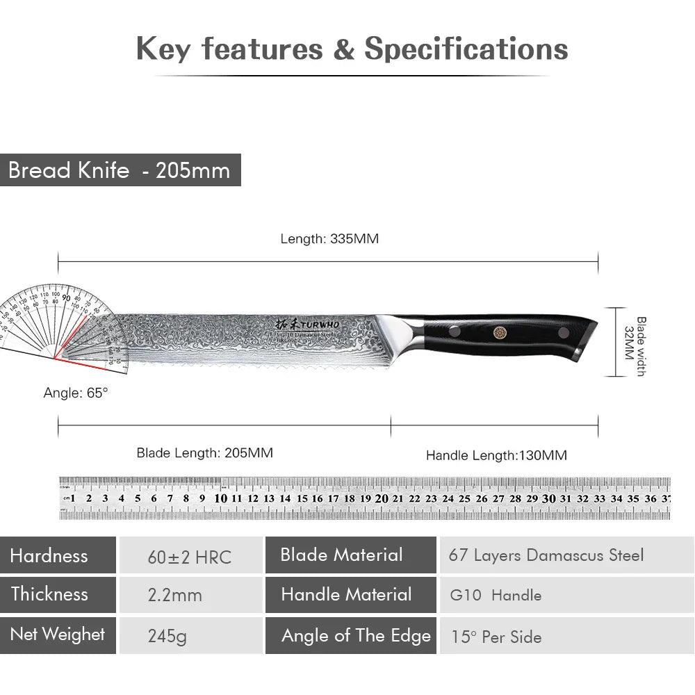 8-Inch Damascus Steel Bread Knife Serrated VG10 Core Blade Black-1