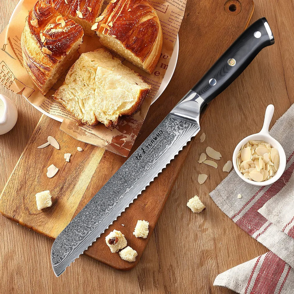 8-Inch Damascus Steel Bread Knife Serrated VG10 Core Blade Black-4