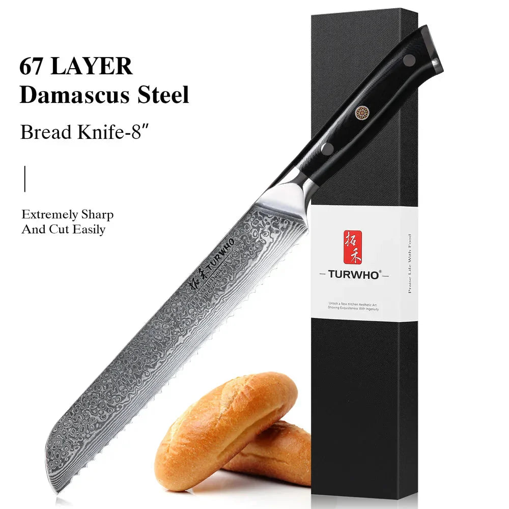8-Inch Damascus Steel Bread Knife Serrated VG10 Core Blade Black-2