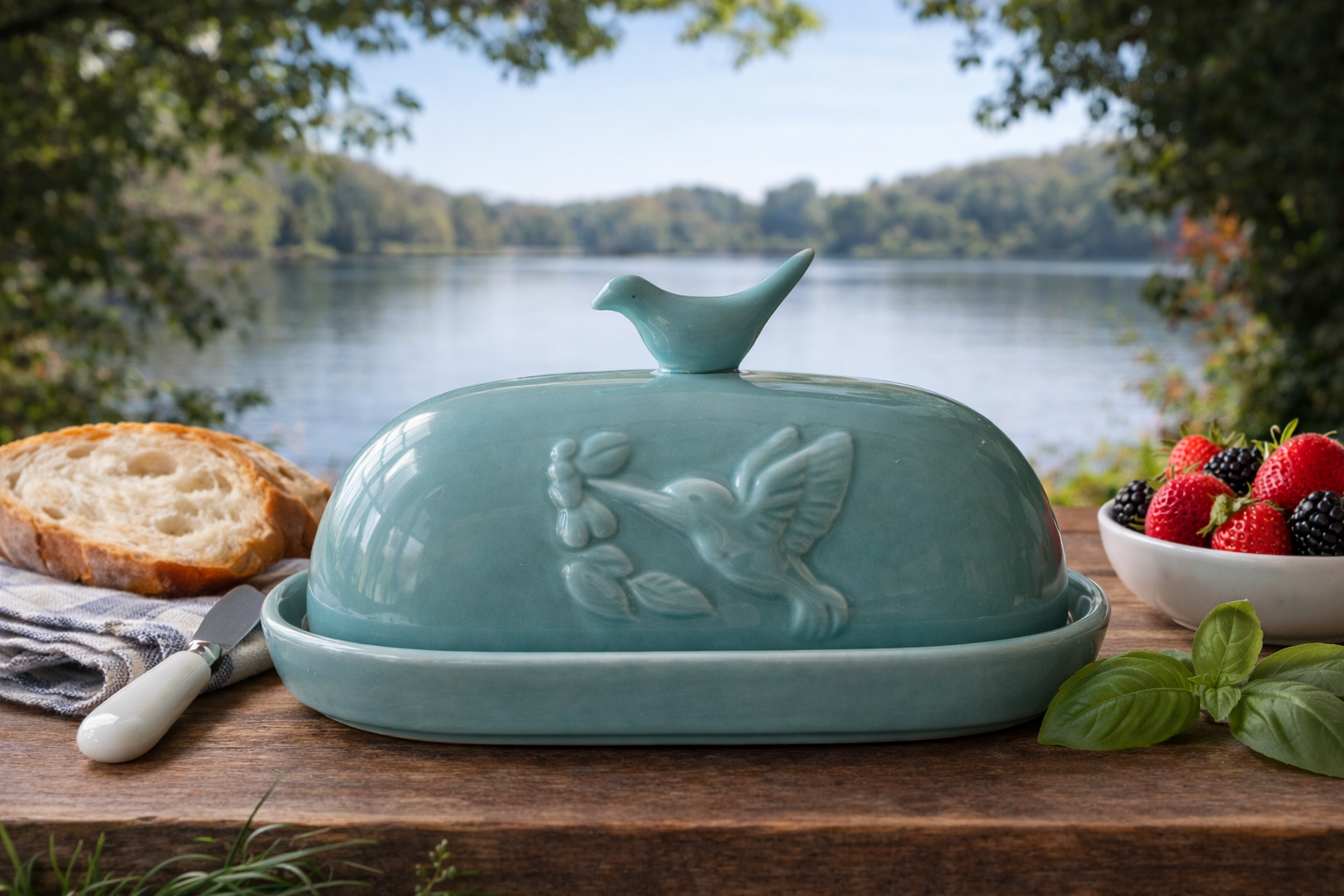 Teal Porcelain Butter Dish with Hummingbird Detail