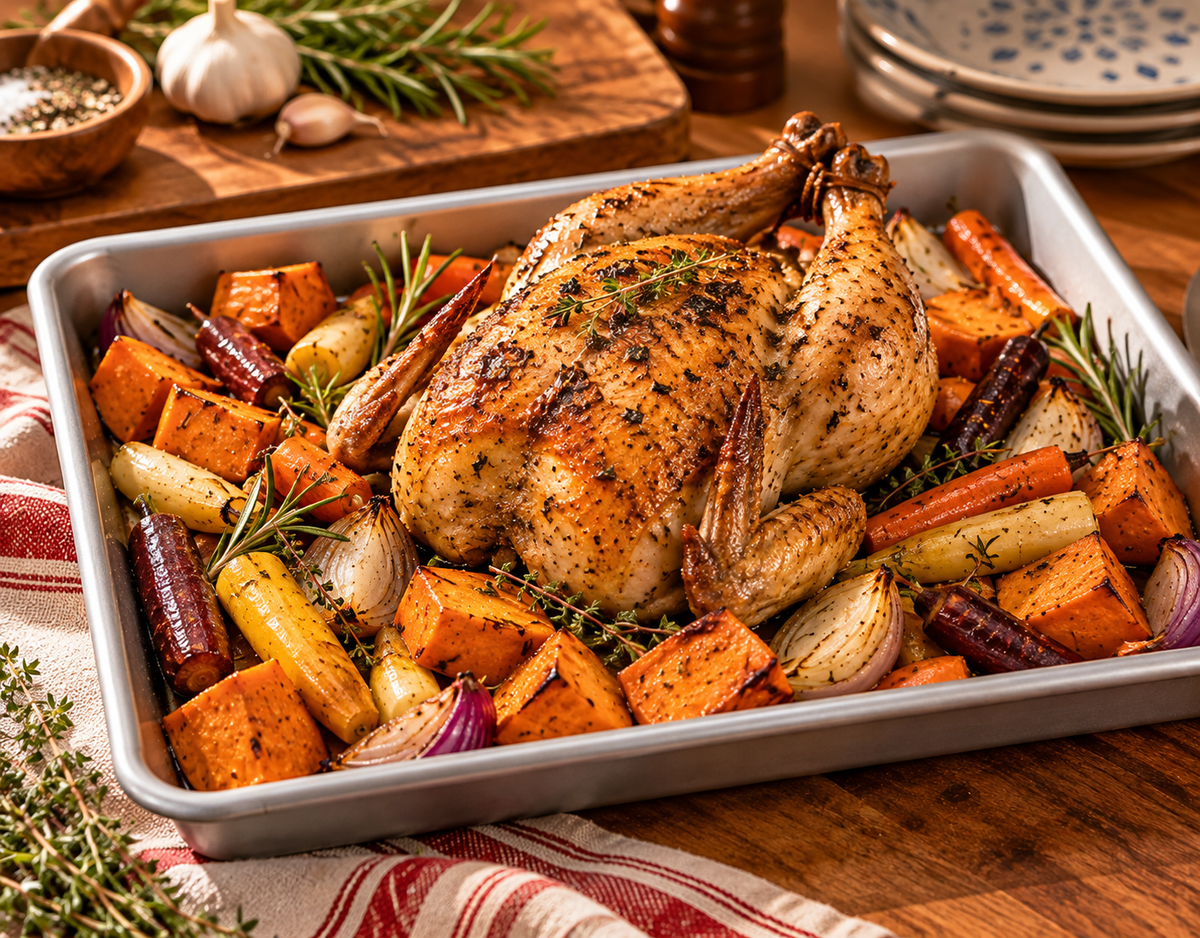 Roast chicken and colorful vegetables styled in a rectangular rimmed pan with rosemary and herbs.