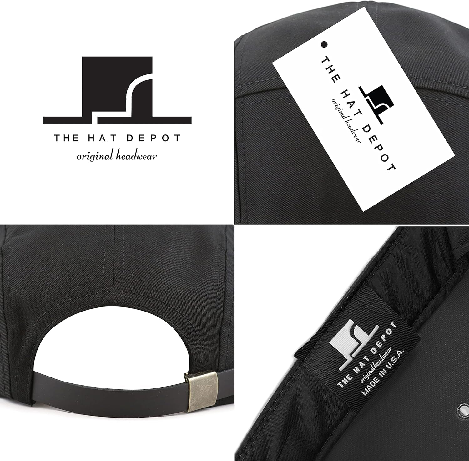 Made in USA Cotton Twill 5 Panel Flat Brim Genuine Leather Brass Biker Board Cap