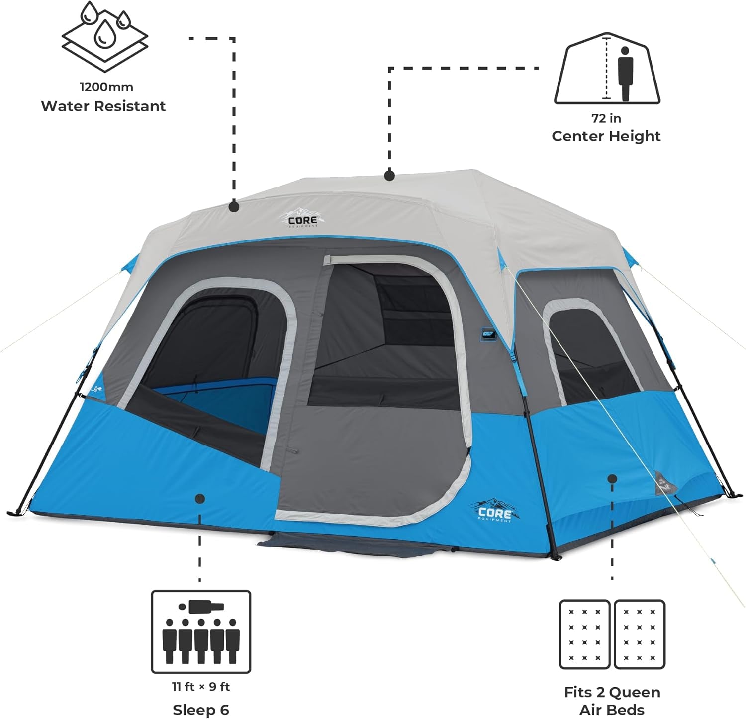 Instant Cabin Tents with LED Lights | 6 Person / 9 Person / 12 Person Family Multi Room Lighted Pop up Tents for Camping | Included Storage Pockets for Camping Accessories