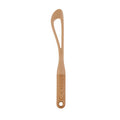 HIC Kitchen No-Mess Natural Nut Butter Mixer displayed on a white background, showing the open paddle design, curved tip, wood-grain fiberglass handle with hang hole, and built-in stand.