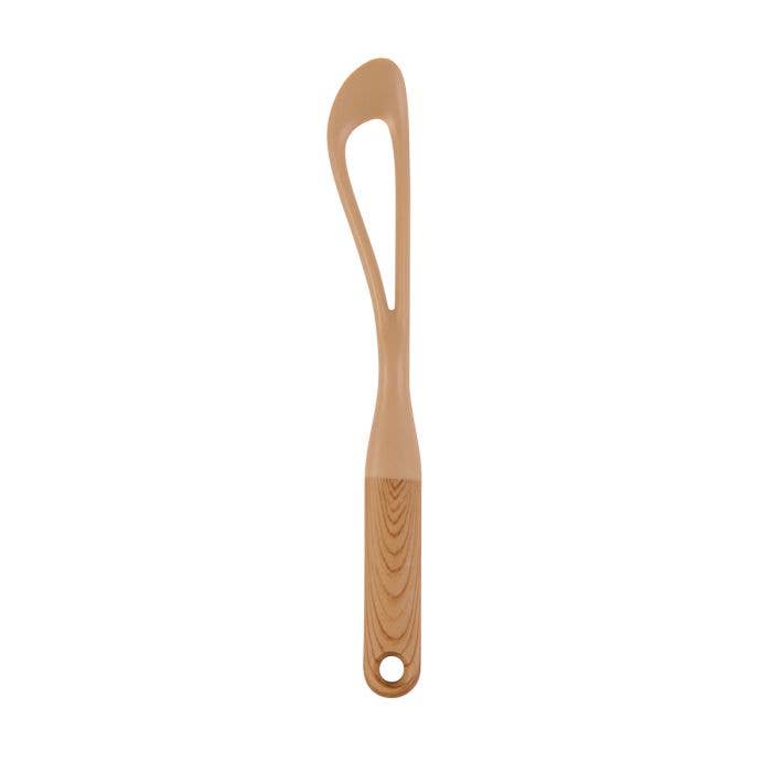 HIC Kitchen No-Mess Natural Nut Butter Mixer displayed on a white background, showing the open paddle design, curved tip, wood-grain fiberglass handle with hang hole, and built-in stand.