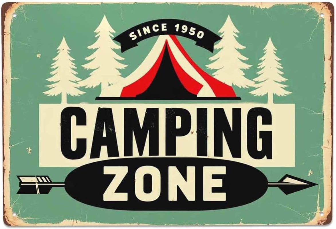 Camping Zone Tin Sign, Vintage Metal Tin Signs for Cafes Bars Pubs Shop Wall Decorative Funny Retro Signs for Men Women 8X12 Inch