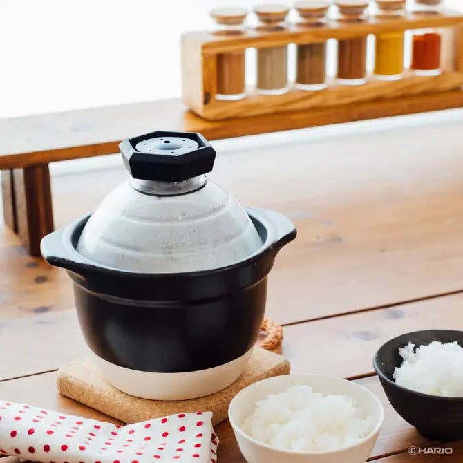Gohan Gama Ceramic Rice Cooker with Glass Lid & Whistle, Made in Japan — Hario