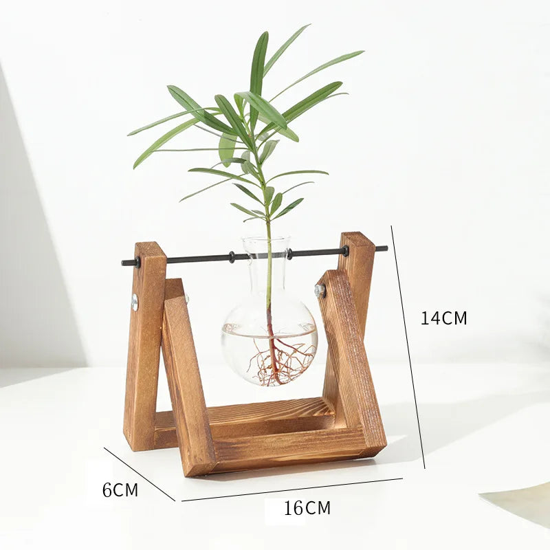 Wooden Base Glass Vase - Plant Holder & Propagation Station for Hydroponic Plants, Desktop Terrarium with Wooden Stand, Stylish Home & Office Décor, Great Gift for Plant