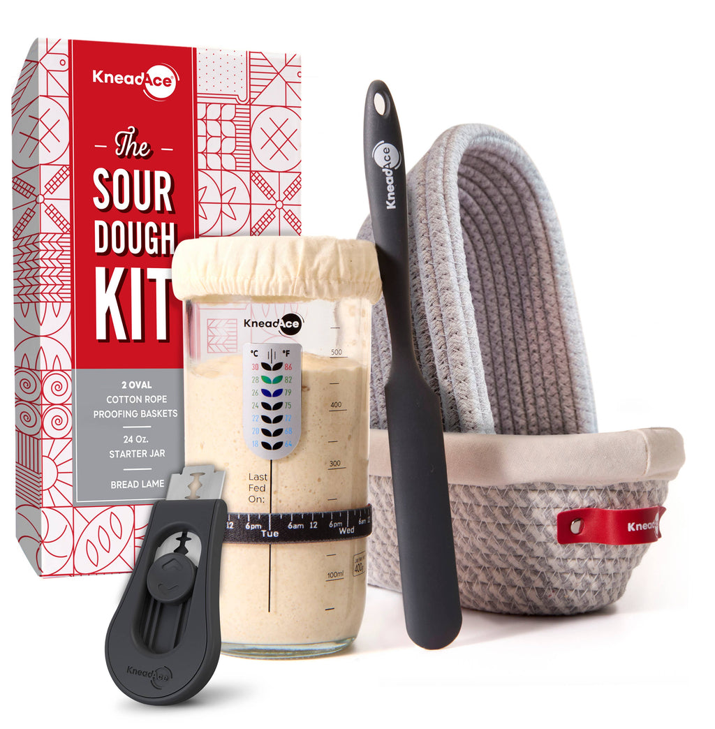 Artisan Sourdough Bread Making Kit – Starter Jar, Oval Banneton Baskets & Bread Lame
