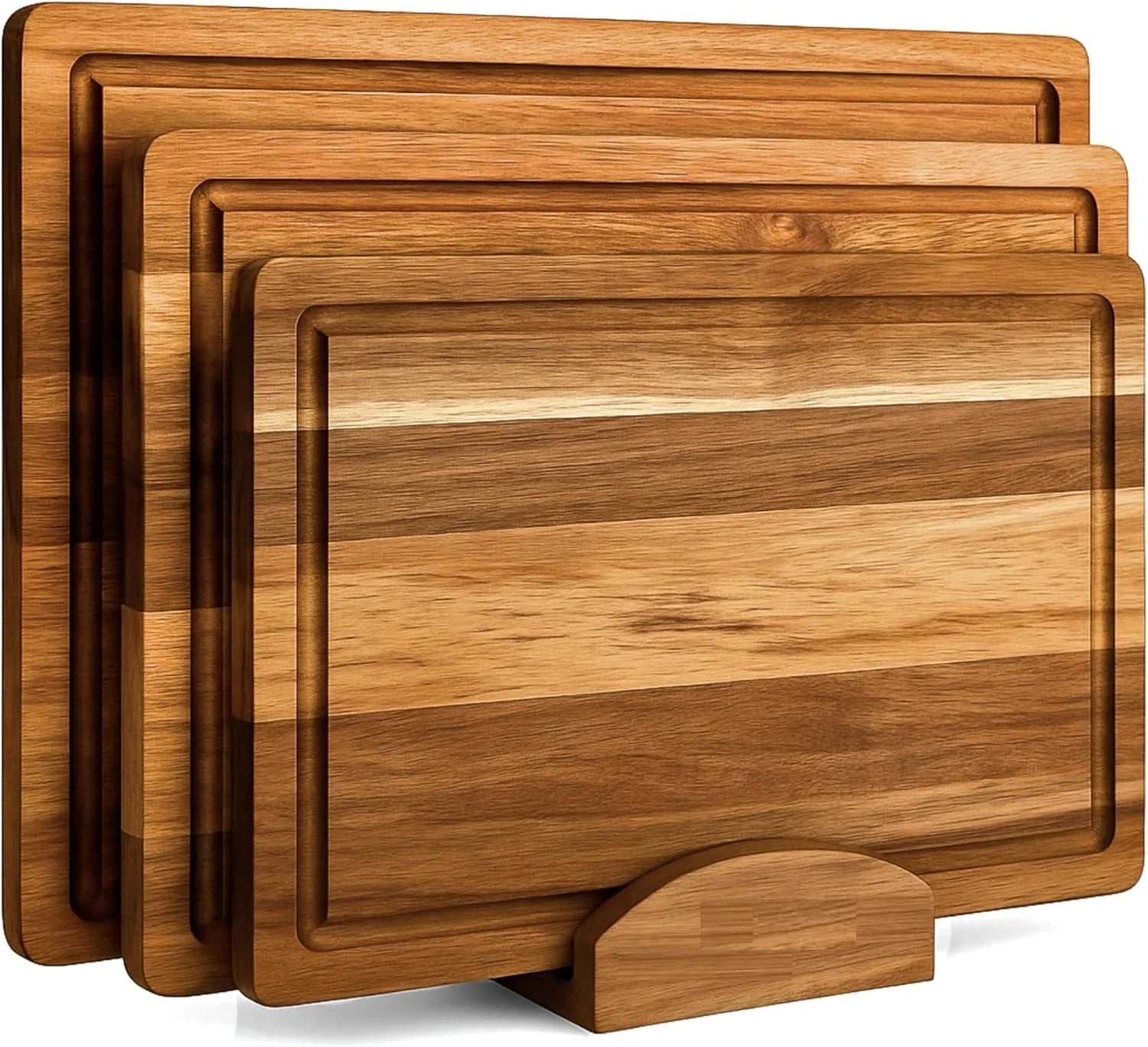 Cutting Board Set of 3 -Acacia Wood | Non-Toxic Cutting Boards with Wooden Holder, Non-Slip Silicone Pads, Deep Juice Grooves & Handles | Ideal for Meat, Veggies & Charcuterie – Elegant Kitchen Gift