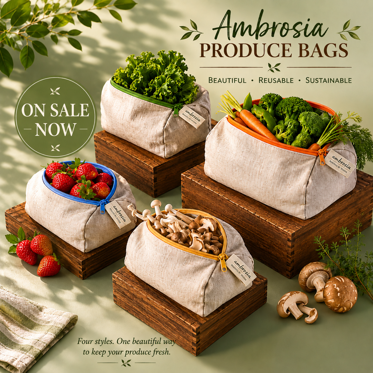 Ambrosia | Linen Refrigerator Bags – Reusable Flax Linen Produce Bags | Made in USA