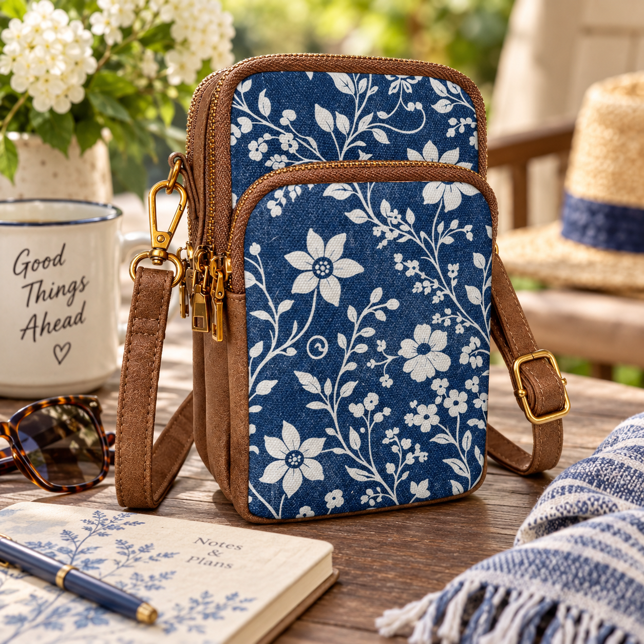 indigo Sketch Cellphone Bag styled on an outdoor table with sunglasses, a journal, and a 'Good Things Ahead' mug — indigo floral canvas crossbody with antique brass hardware"
