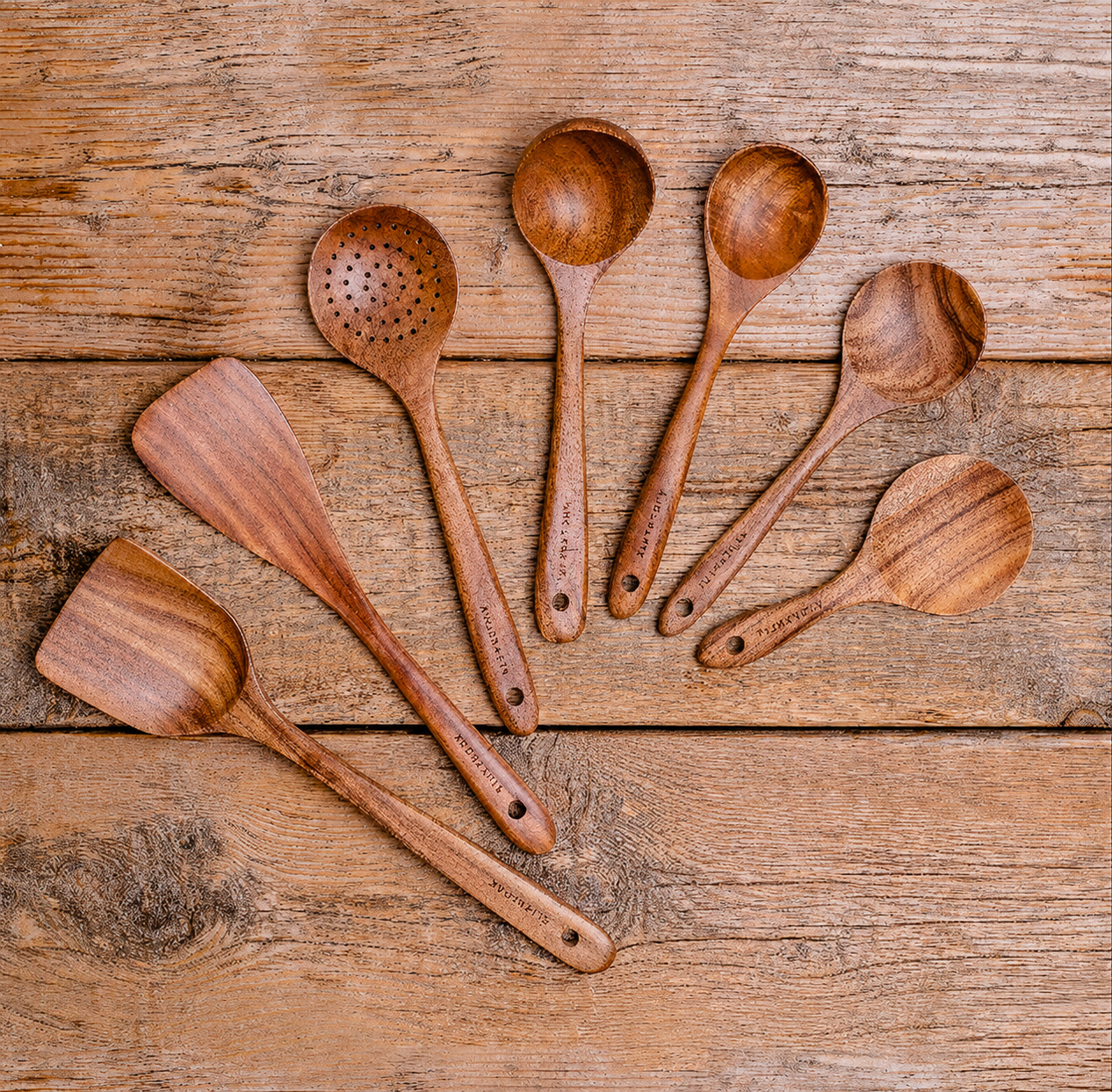 All 7 handmade teak wood kitchen utensils fanned out on rustic wood surface showing natural grain and craftsmanship"