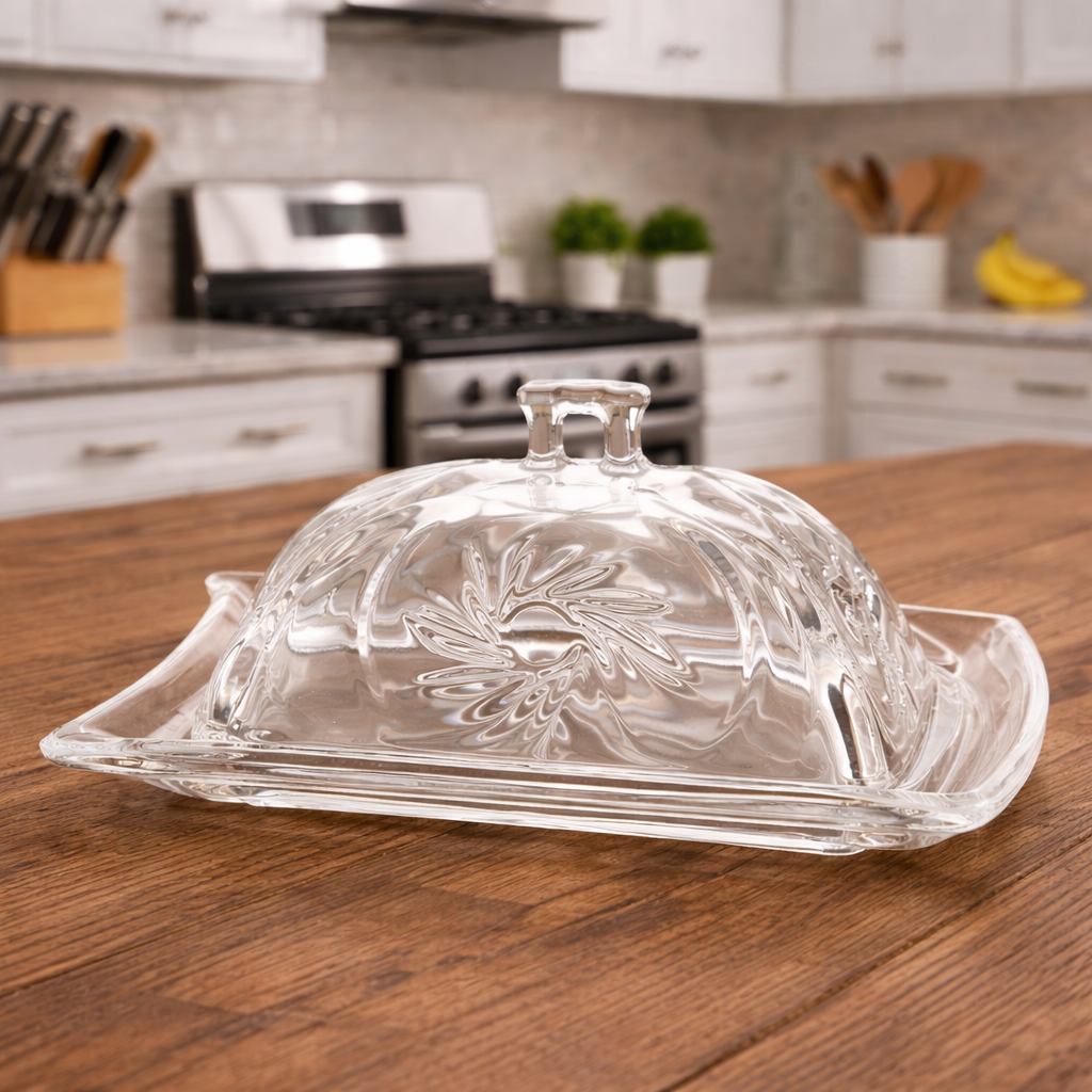 Crystal-Cut Glass Butter Dish with Cover