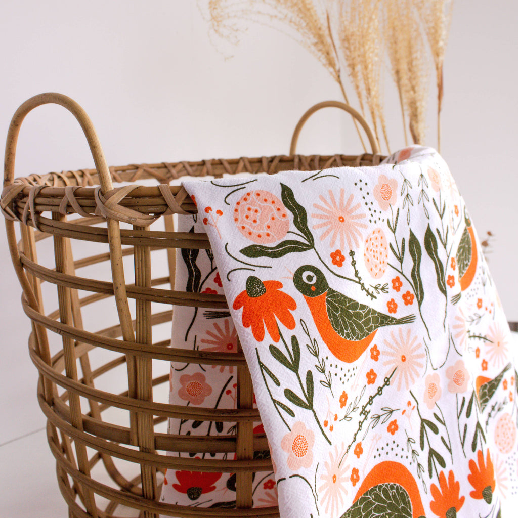 Gingiber Robin Bird Tea Towel | Artisan-Illustrated Cotton Kitchen Towel