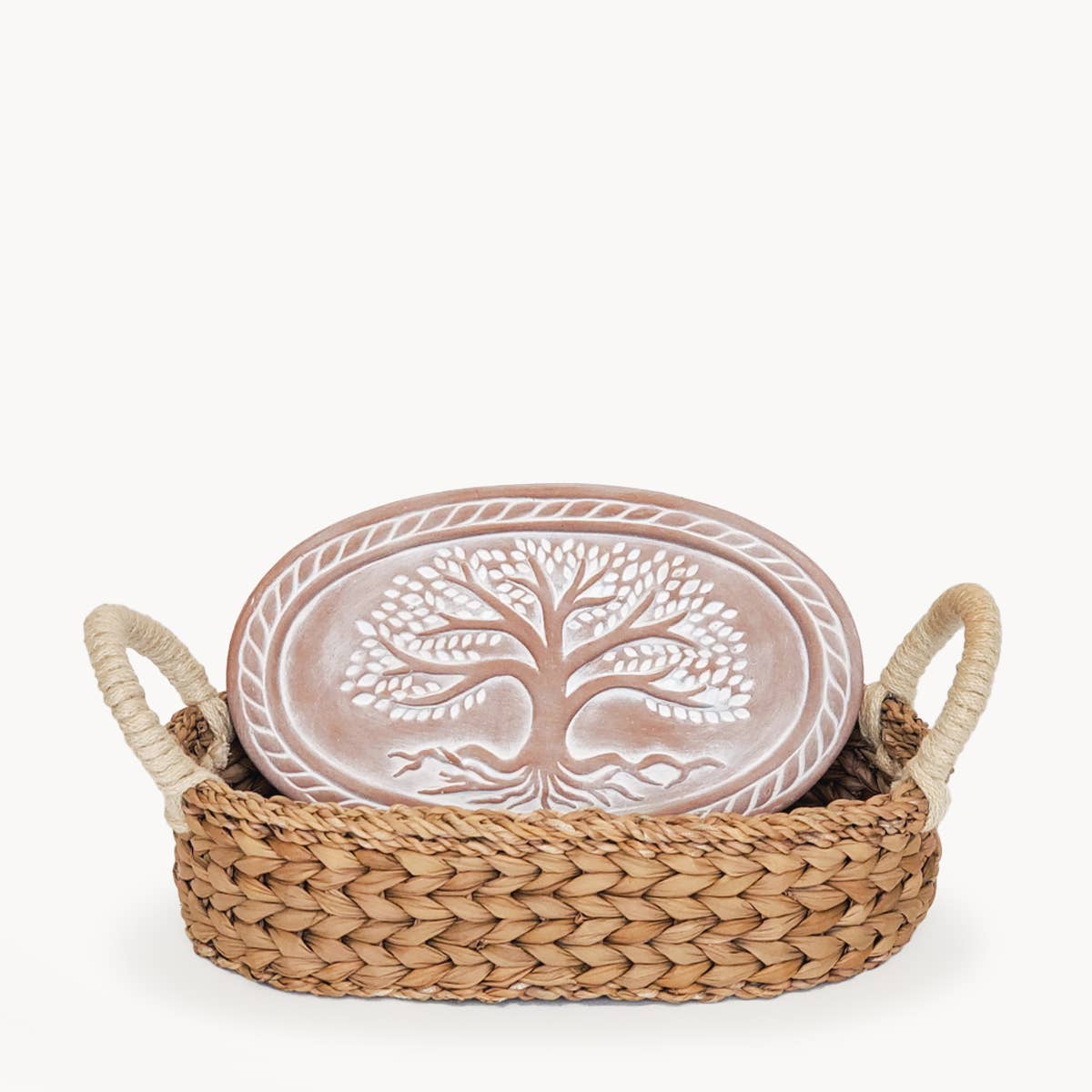 Tree of Life Oval Bread Warmer Set, Handcrafted Terracotta & Seagrass Basket