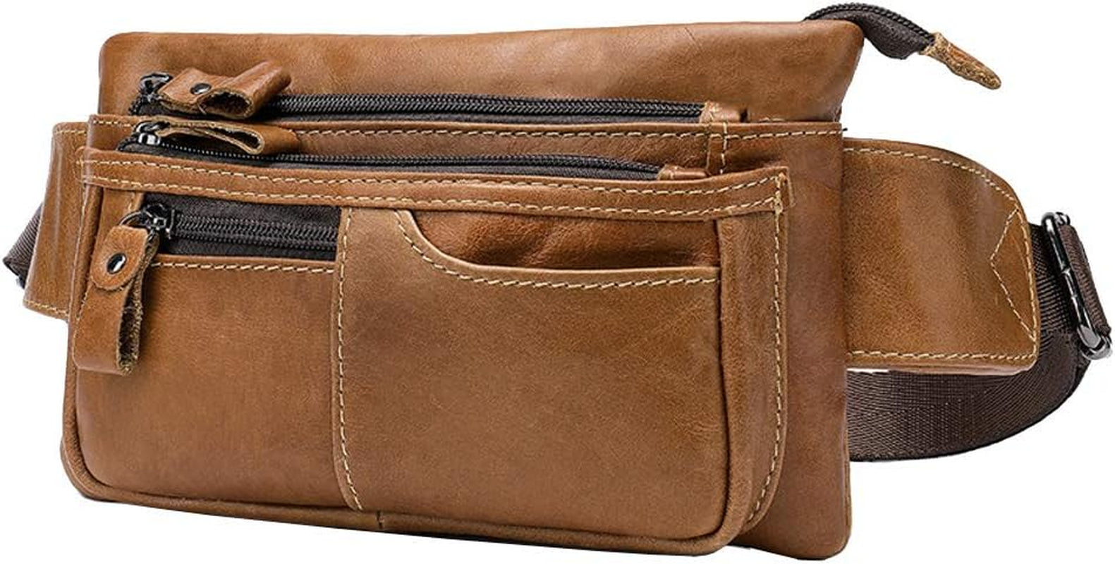 Leather Waist Pack Belt Fanny Bag for Men Women Hip Bum Purse Travel Hiking Running Cell Phone Clutch Pouch Handbag (Light Brown)