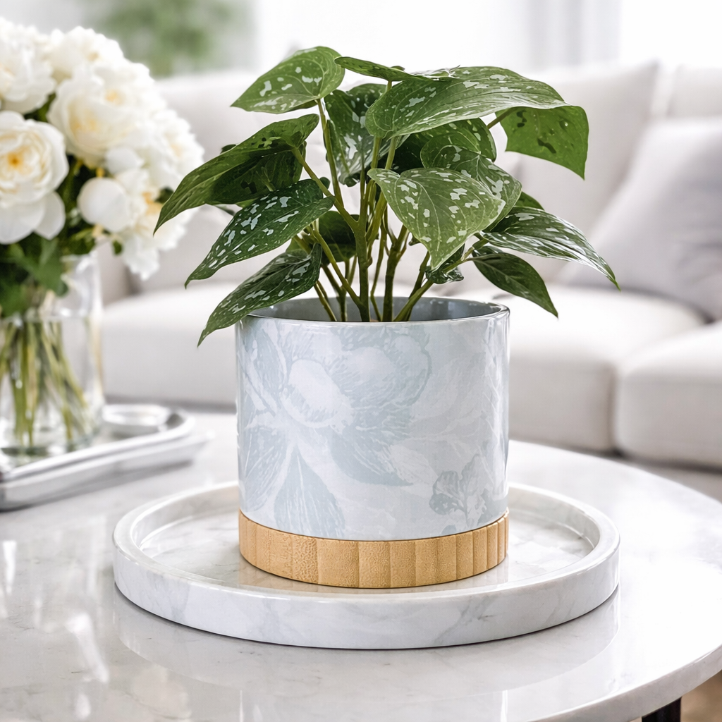 Petal & Print Ceramic Planter with Bamboo Tray 2 Designs MADE IN USA