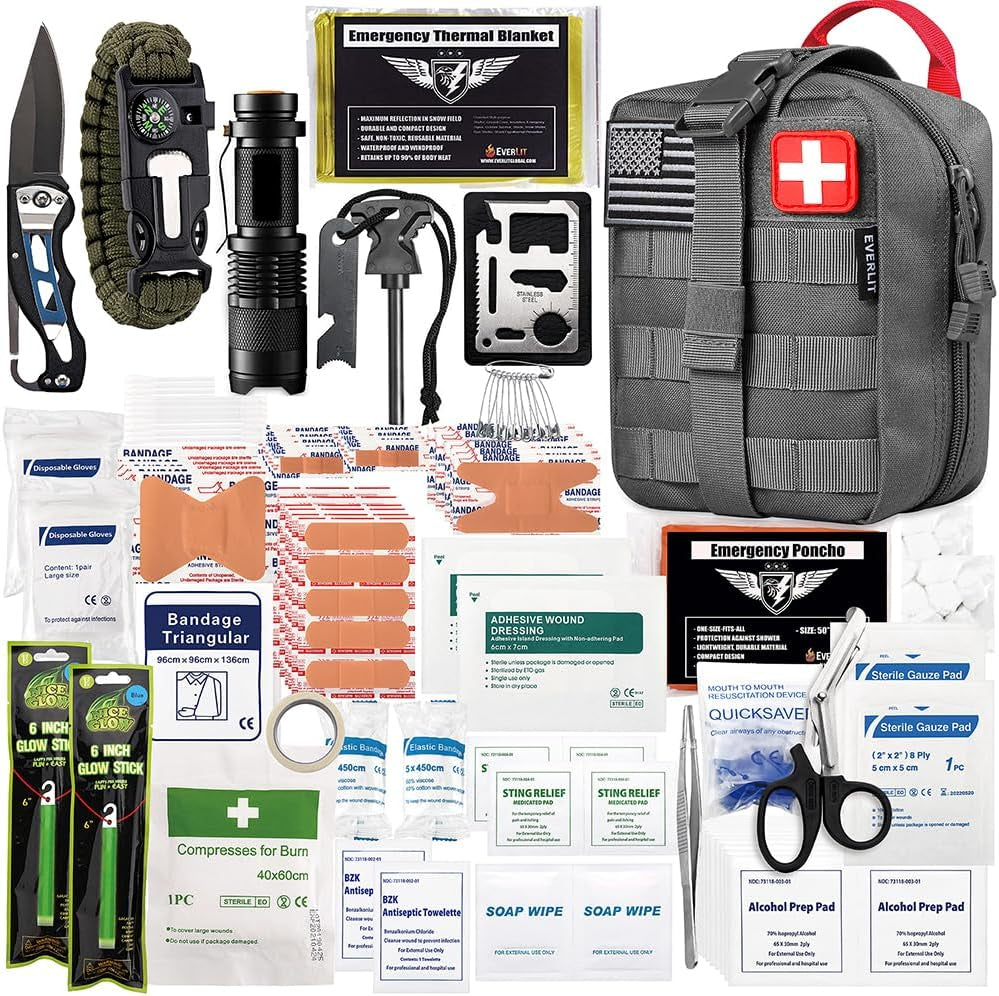 250 Pieces Survival First Aid Kit IFAK EMT Molle Pouch Survival Kit Outdoor Gear Emergency Kits Trauma Bag for Camping Boat Hunting Hiking Home Car Earthquake and Adventures