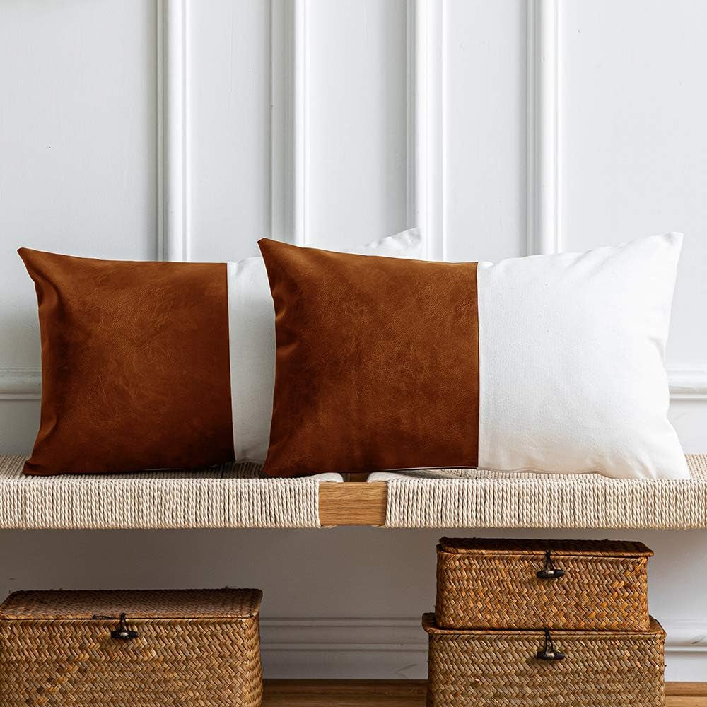 Leather Throw Pillow Covers, Set of 2 Modern Leather/Cotton Decorative Pillowcases for Home Decor Bedroom Living Room Couch Bed Sofa, 18X18 Inch, Cognac-Brown and White