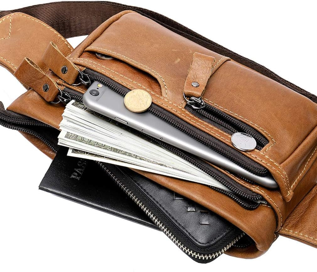 Leather Waist Pack Belt Fanny Bag for Men Women Hip Bum Purse Travel Hiking Running Cell Phone Clutch Pouch Handbag (Light Brown)