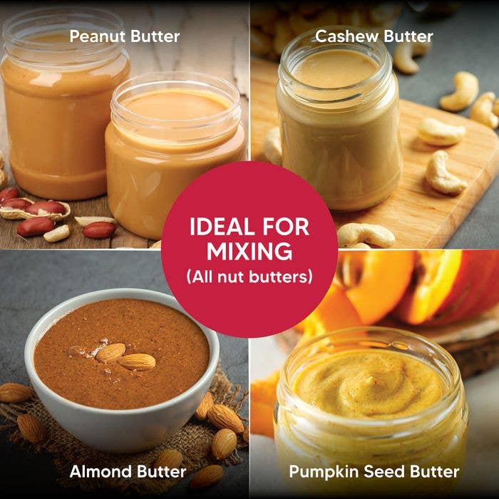 Collage of four natural nut butters — peanut butter, cashew butter, almond butter, and pumpkin seed butter — with center text reading "Ideal for Mixing (All Nut Butters)" showing the range of uses for the HIC Kitchen mixer.