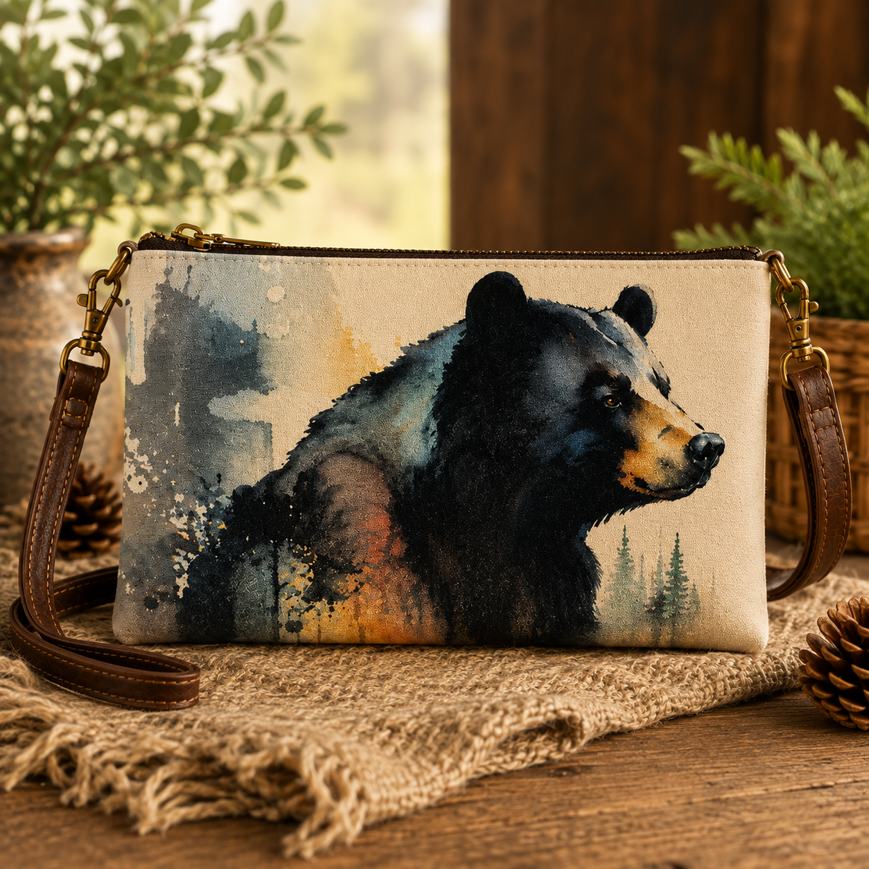 Canvas crossbody bag featuring a watercolor black bear portrait with pine trees, displayed on a burlap surface with pinecones and greenery — Anngoti