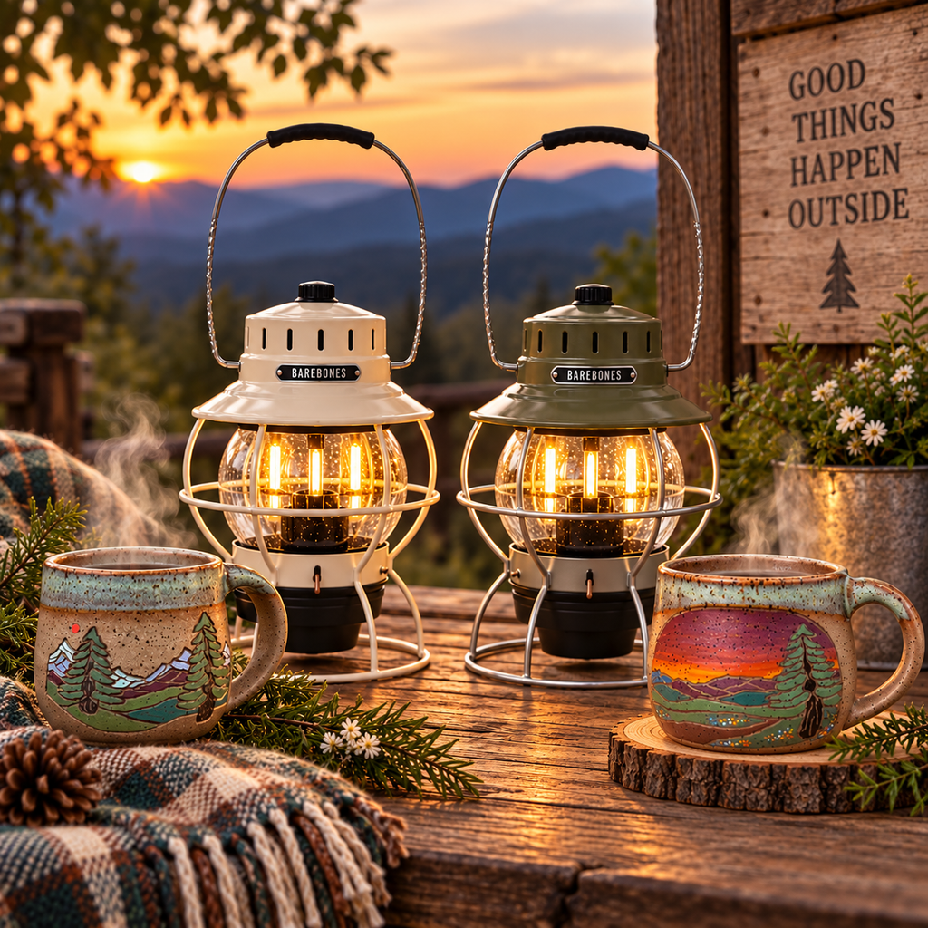 Two Barebones Railroad Lanterns in cream and olive glowing warmly on a rustic wooden table at sunset, surrounded by handmade mugs, pine branches, and a plaid blanket with mountain views in the background