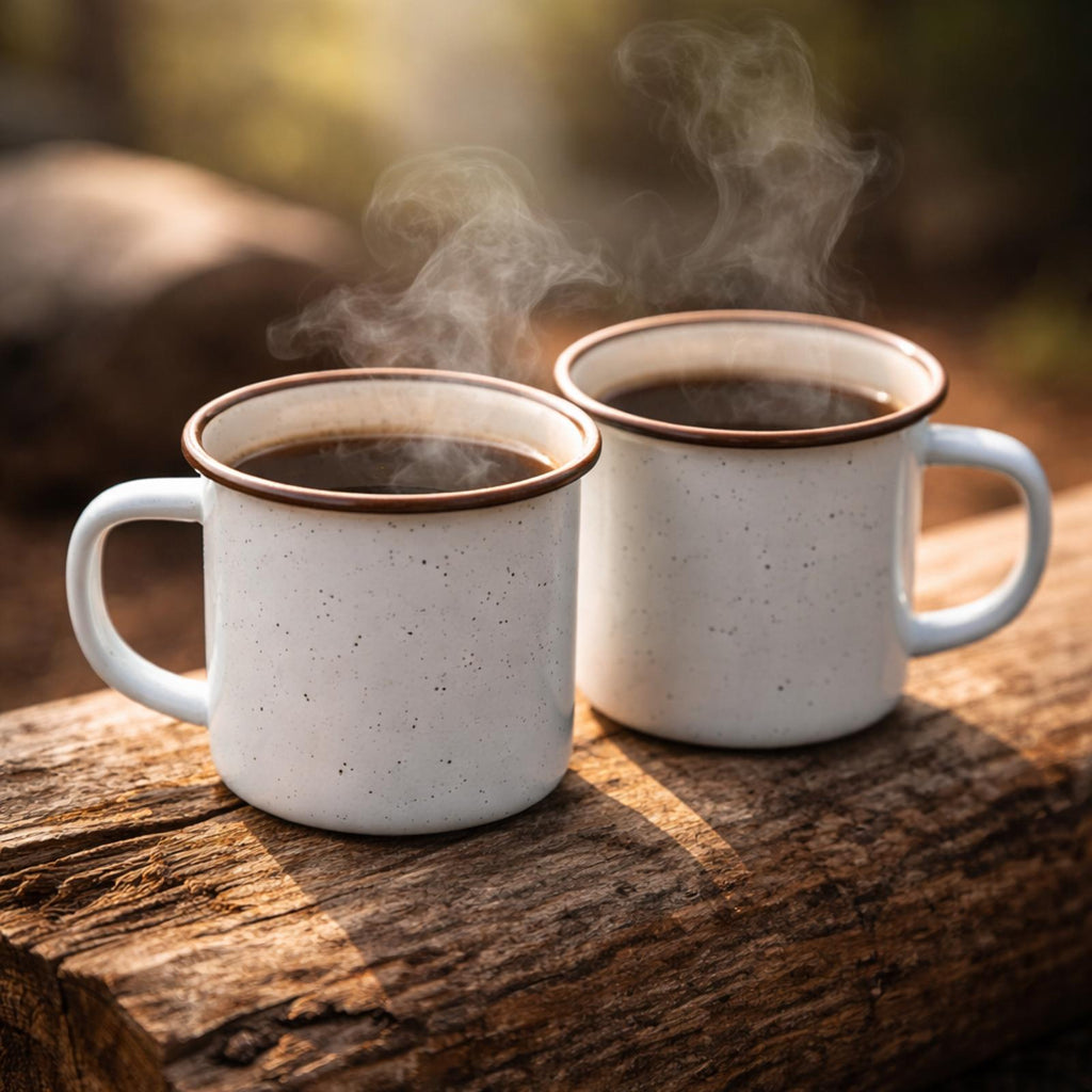 Two steaming mugs of coffee on a wooden surface with a blurred natural background